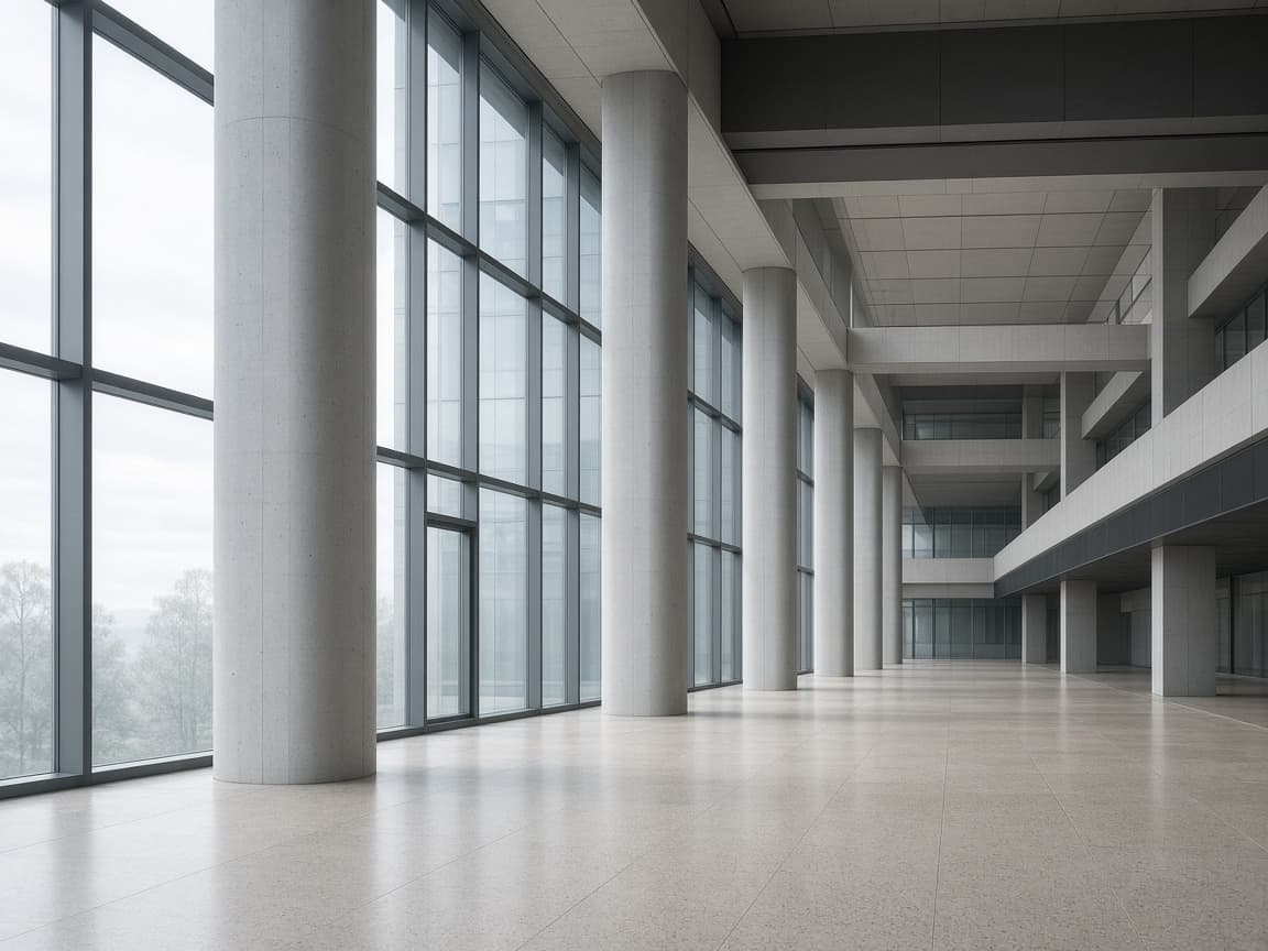Monumental atrium of a contemporary research campus with concrete columns and a glass curtain wall.
