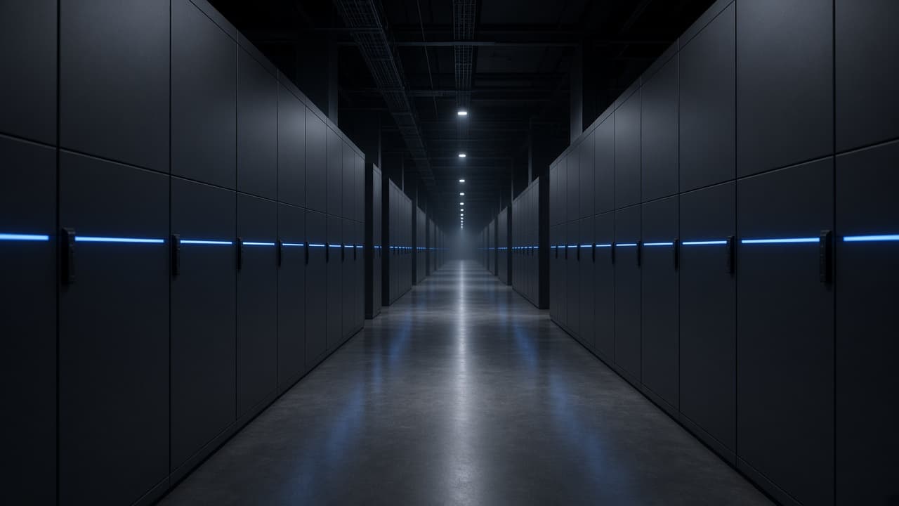 Corridor of enterprise data center cabinets with restrained blue status lighting receding into the distance.
